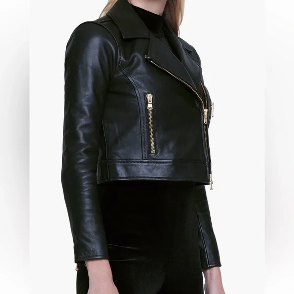 🌟NWT L’AGENCE ONNA BLACK LEATHER CROP BIKER JACKET SIZE XL - Picture 7 of 14